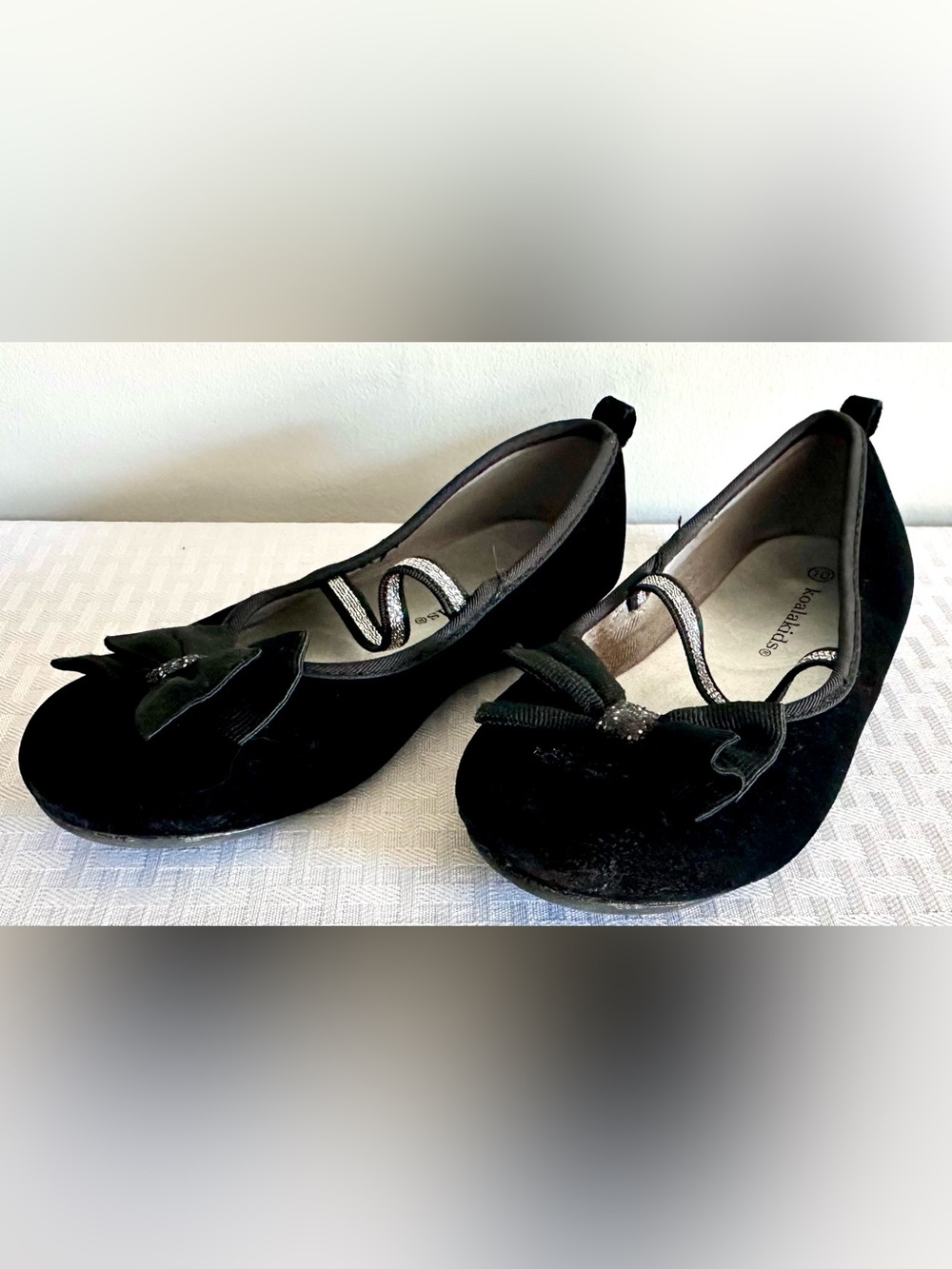 Koala Kids Girls Black Velvet Ballet Flats Silver Strap Bow Shoes Size 10